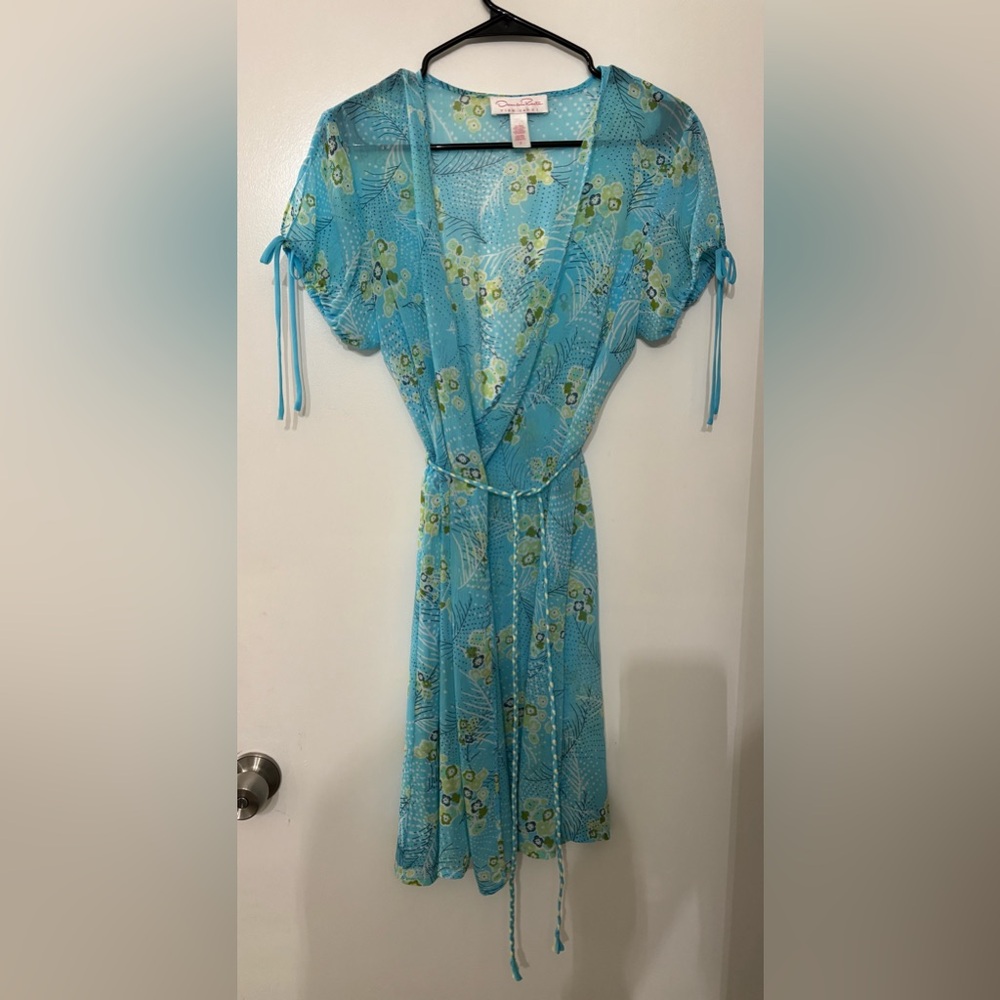 Oscar de la Renta Pink Label Women’s Blue Floral Short Sleeve Robe Size Small
